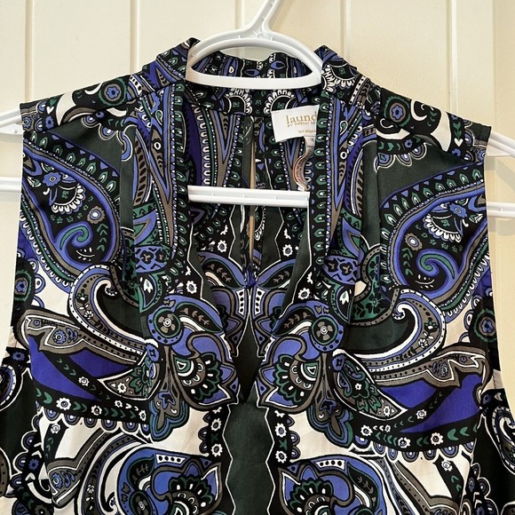 Laundry By Shelli Segal Medium 8 Blue Black Paisley Sleeveless V-neck Blouse - Picture 3 of 10